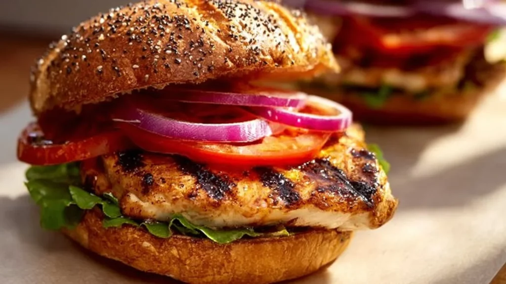 Delicious grilled chicken sandwich served with toppings and garnish.
