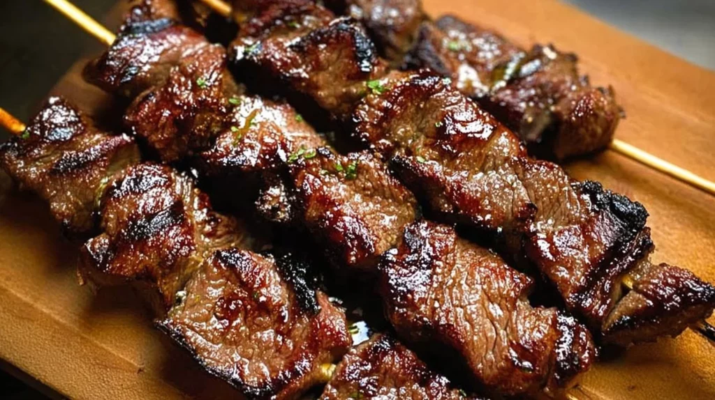Grilled skirt steak skewers served on a plate with vegetables
