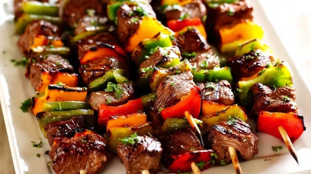Platter of juicy grilled steak kebabs with vegetables on skewers
