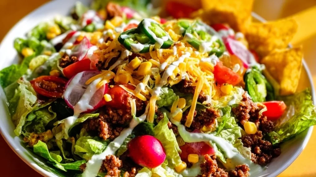 Ground Beef Taco Salad with fresh vegetables and toppings in a bowl