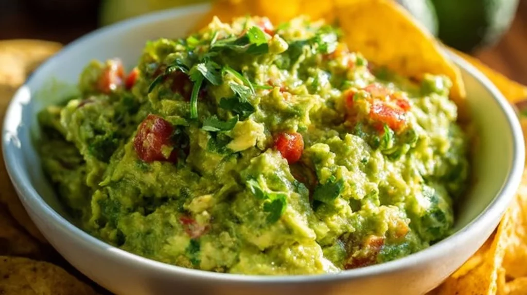 Freshly made guacamole served with tortilla chips and chopped vegetables.