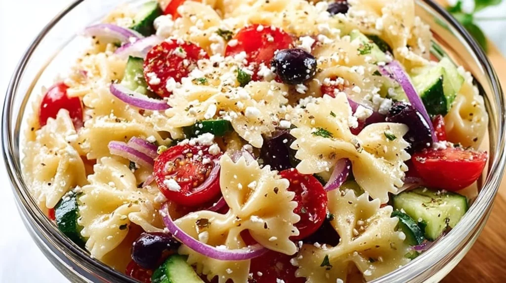 Healthy bowtie pasta salad with fresh vegetables and dressing