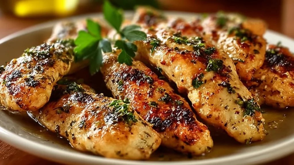 Healthy Greek chicken tenders served with fresh vegetables
