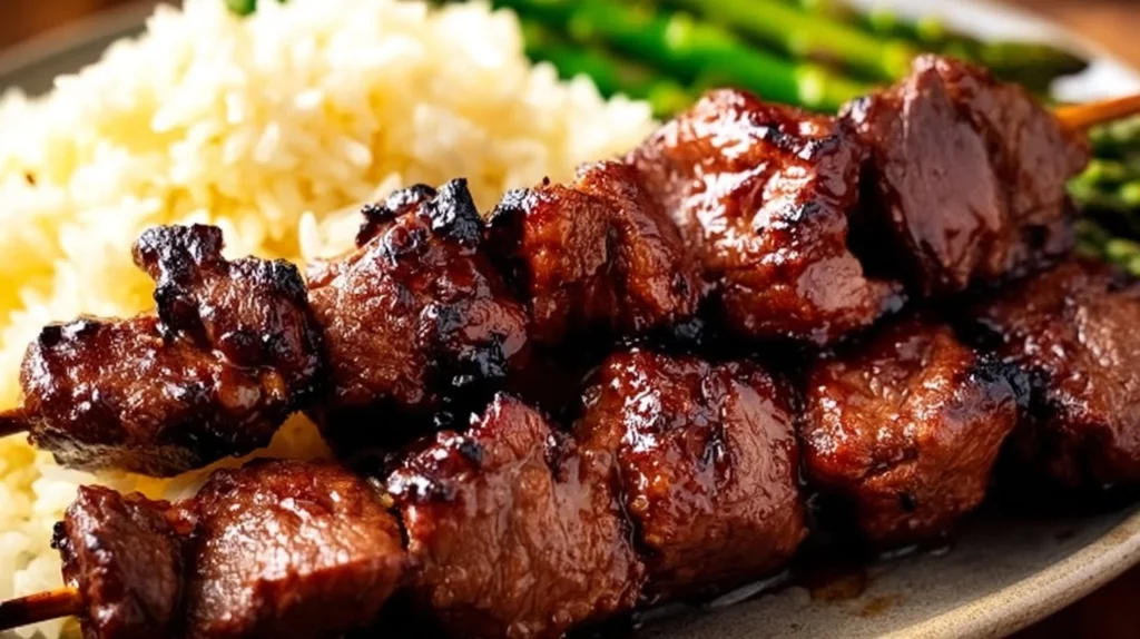 Healthy grilled teriyaki steak kabobs served on a platter with vegetables.