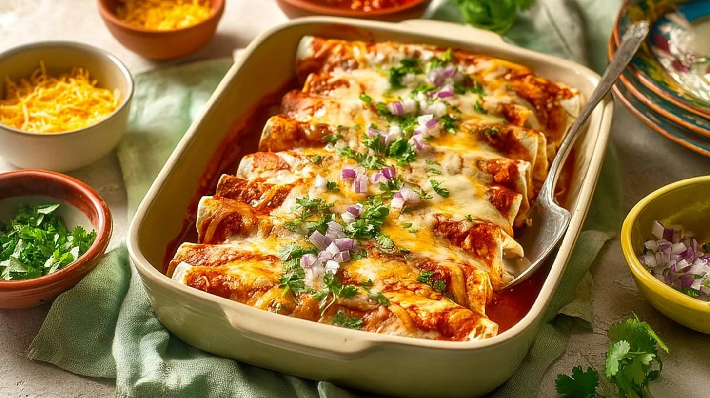 High protein chicken enchiladas topped with salsa and cheese