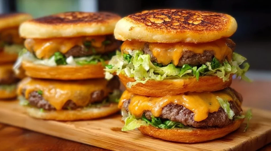 High protein garlic bread cheeseburgers on a plate with fresh toppings