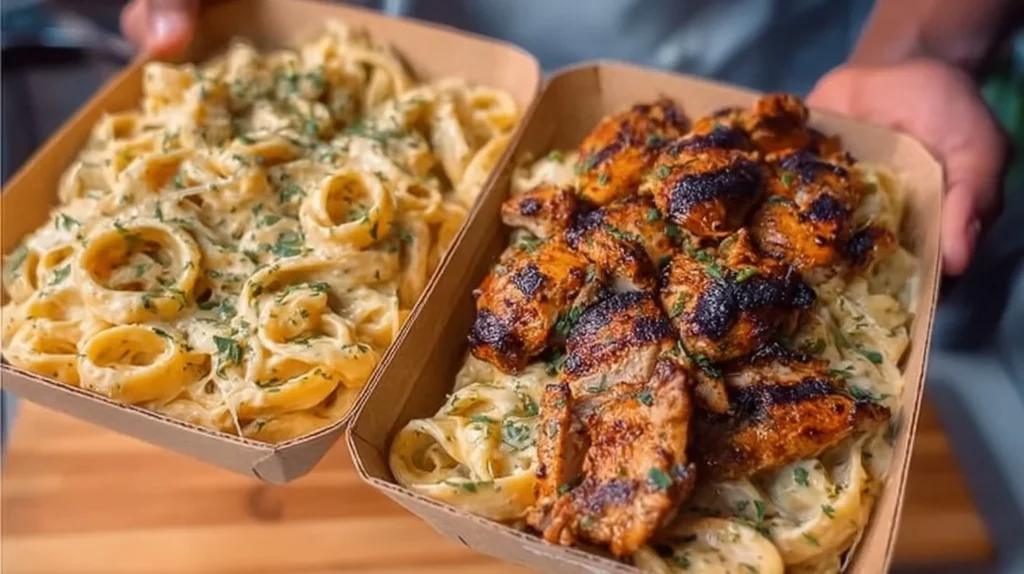 High protein grilled chicken alfredo pasta dish garnished with parsley