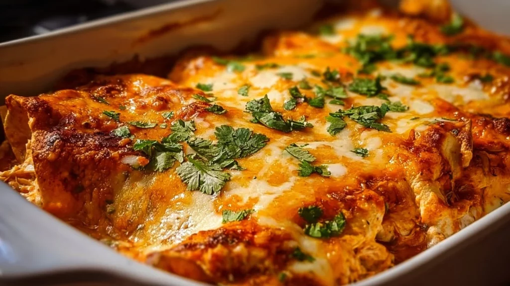 Delicious homemade chicken enchiladas topped with cheese and salsa.