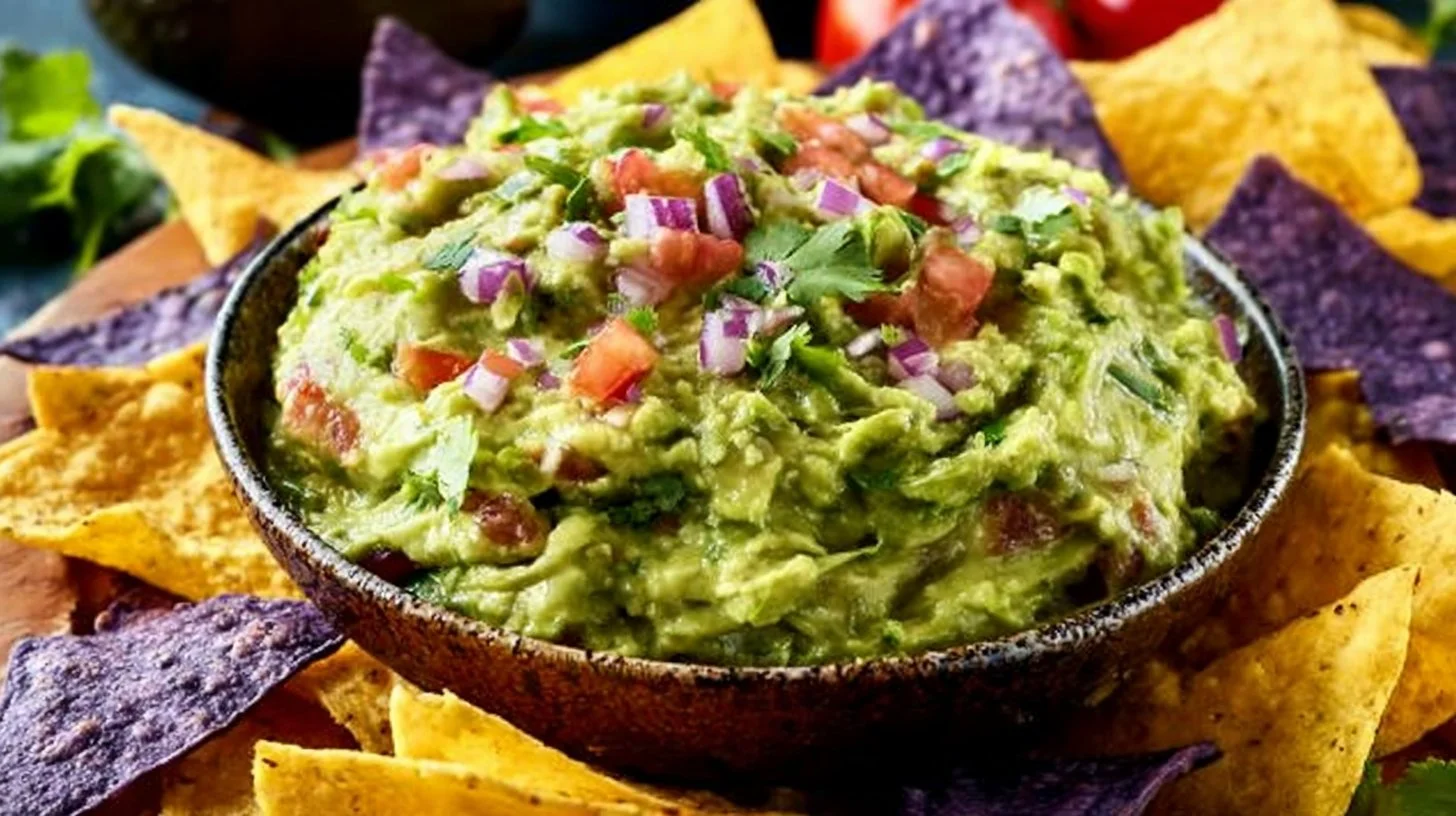 Bowl of homemade guacamole with fresh avocados, cilantro, and lime