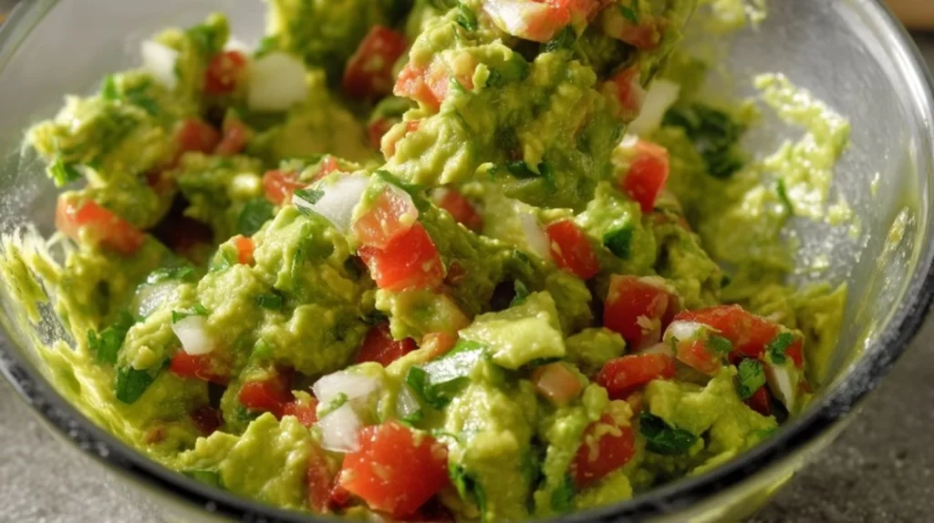 Bowl of homemade guacamole with fresh ingredients and tortilla chips