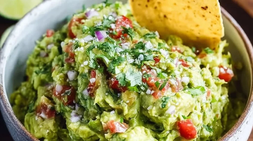 Bowl of fresh homemade guacamole with avocados and cilantro