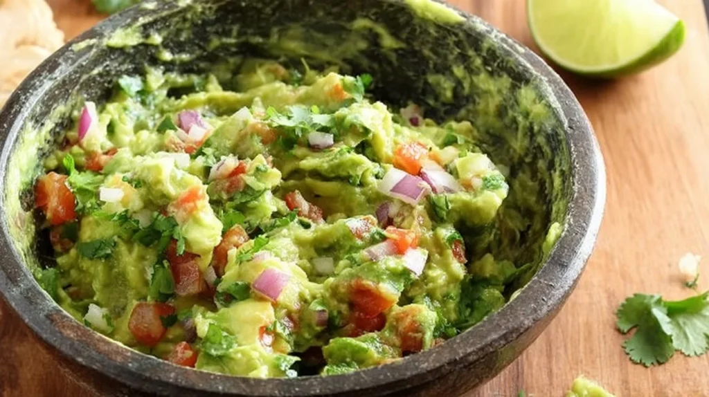 Bowl of homemade guacamole made with ripe avocados and fresh ingredients