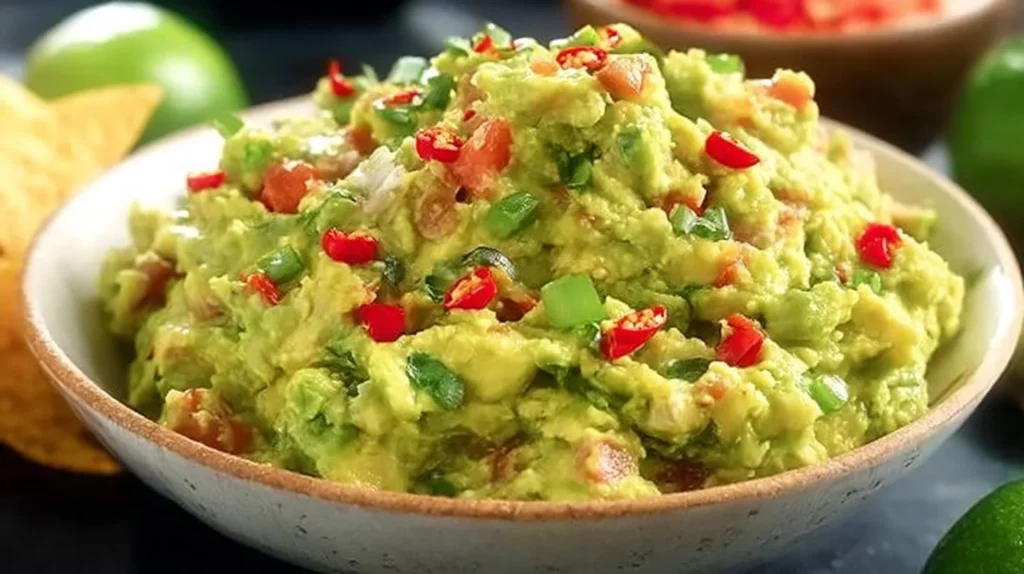 Bowl of homemade guacamole with fresh ingredients on a wooden table