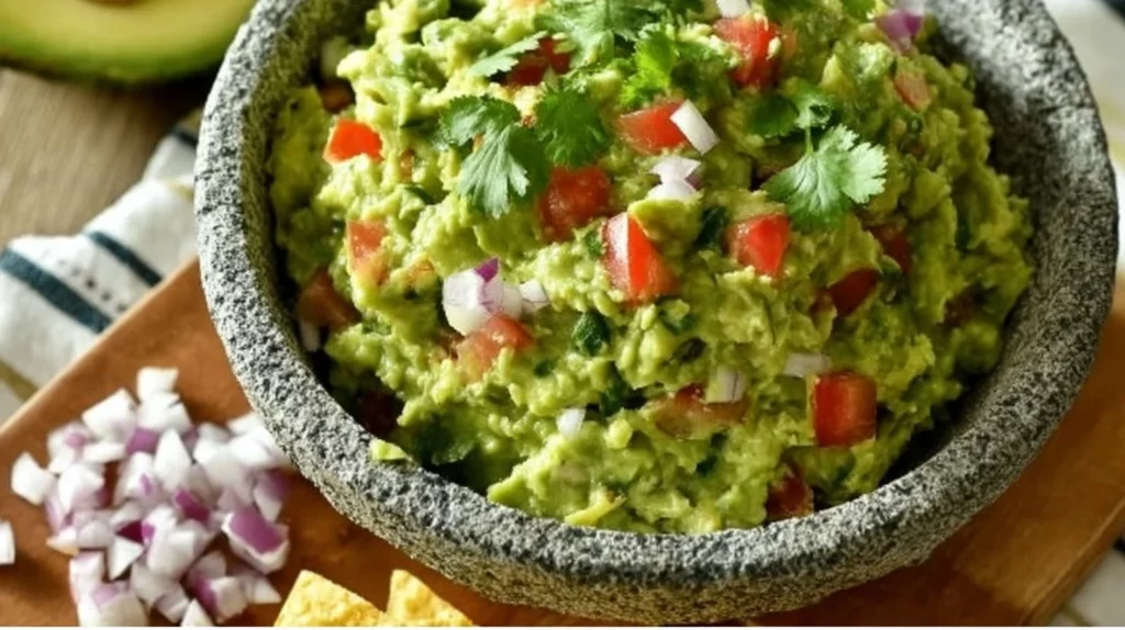 Bowl of homemade Mexican guacamole with fresh avocado and spices
