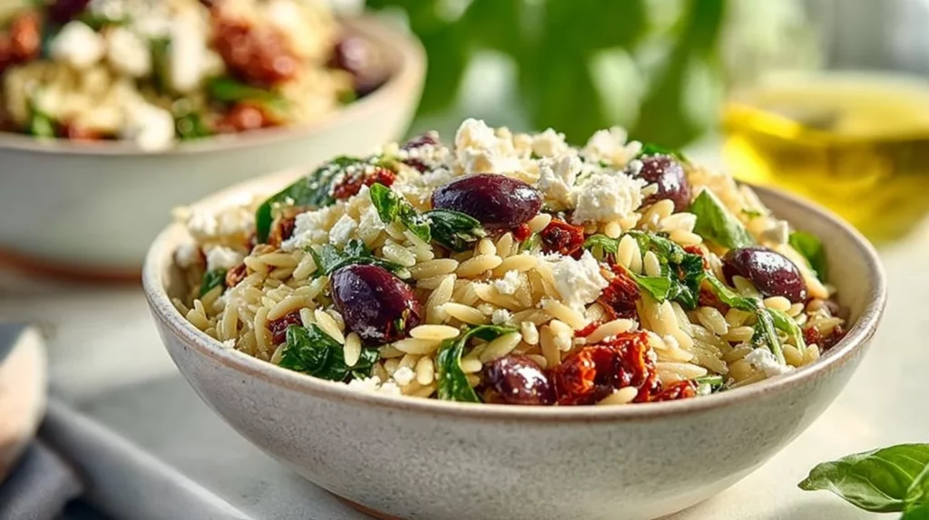 Homemade orzo pasta salad with feta cheese and sun-dried tomatoes