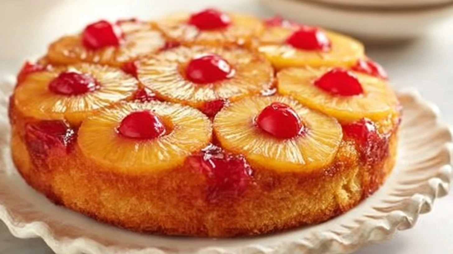 Homemade pineapple upside-down cake with caramelized pineapple topping