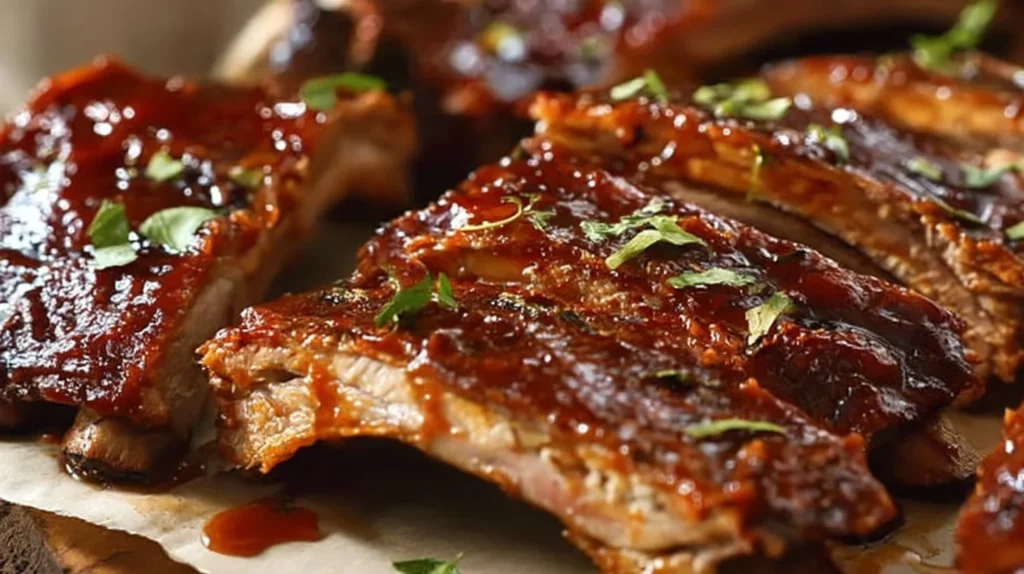 Delicious tender oven-baked ribs ready to serve with BBQ sauce.