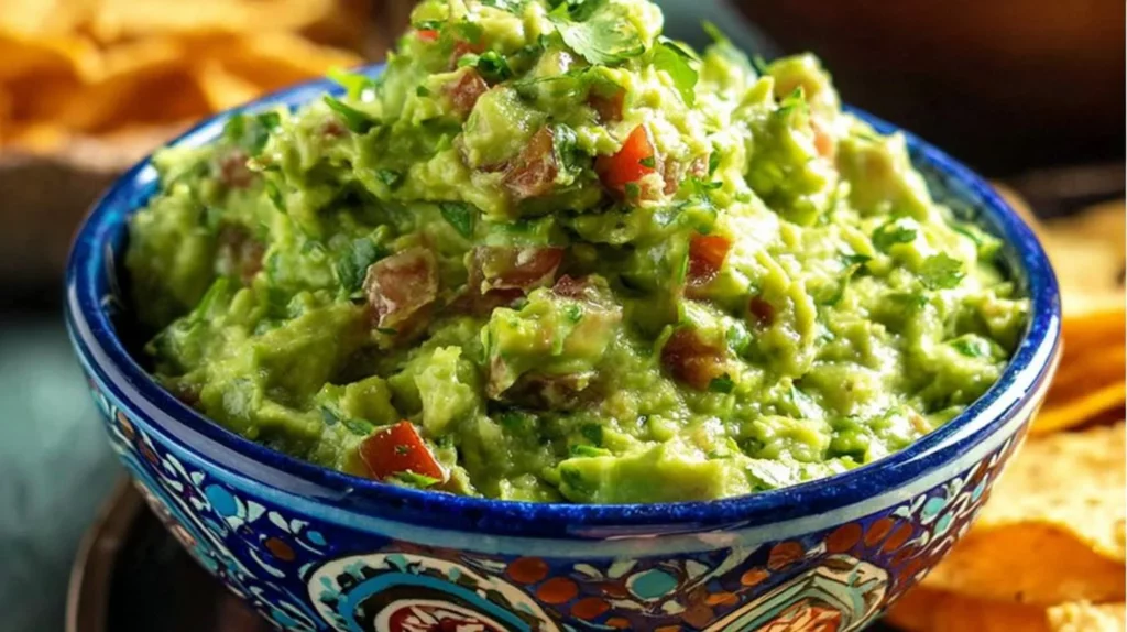 Bowl of fresh guacamole made with ripe avocados and seasonings