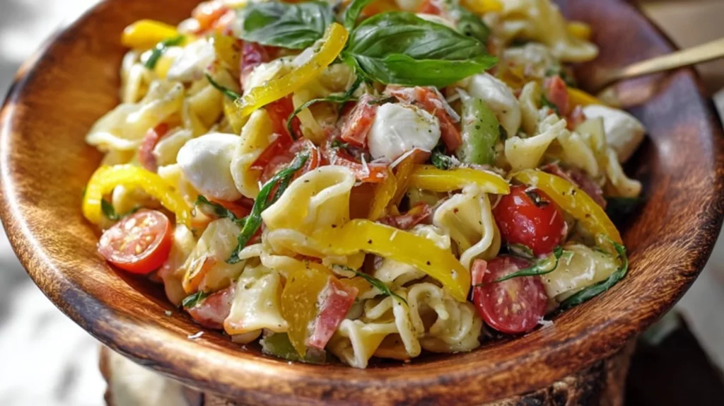 Italian Grinder Pasta Salad with fresh vegetables and dressing in a bowl