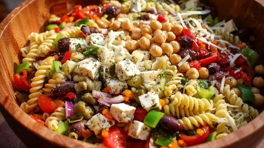 Colorful Italian pasta salad with fresh vegetables and herbs