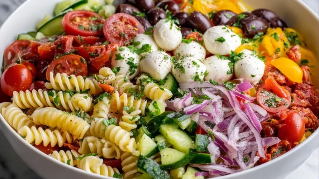 Colorful Italian Pasta Salad with fresh vegetables and dressing