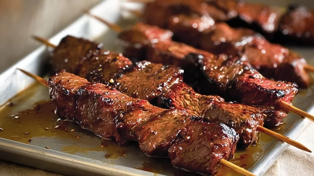 Delicious juicy skirt steak kabobs on a grill with colorful vegetables