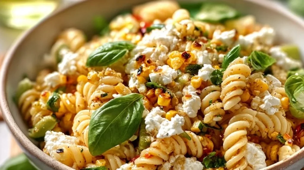 Juicy Street Corn Pasta Salad with colorful ingredients in a bowl.