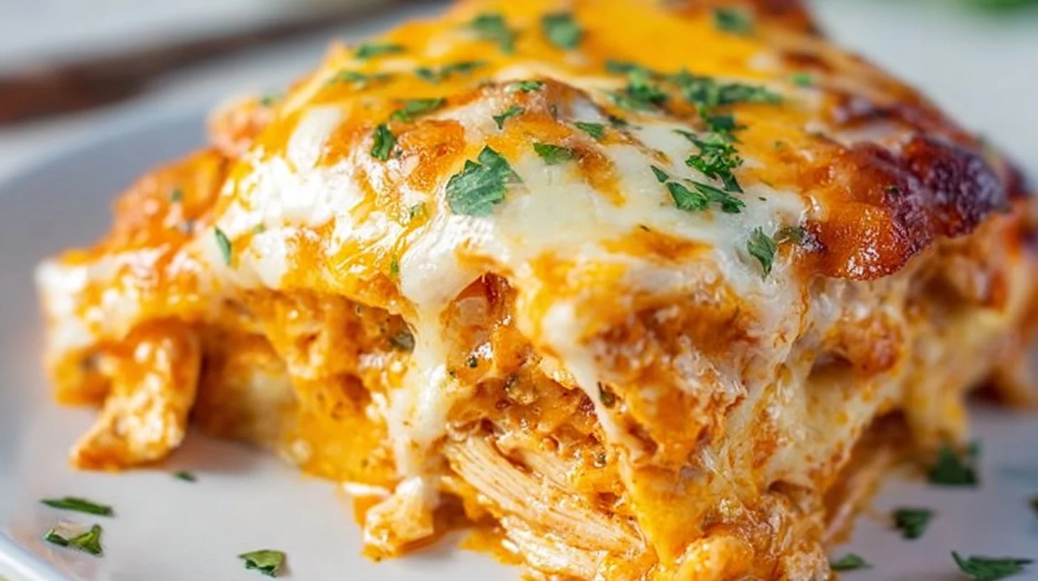 Delicious Keto chicken enchilada casserole topped with melted cheese and garnished.
