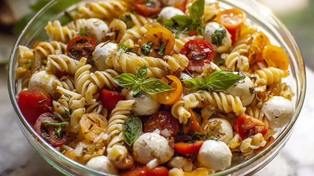 Layered Grilled Chicken Caprese Pasta Salad with fresh mozzarella and basil