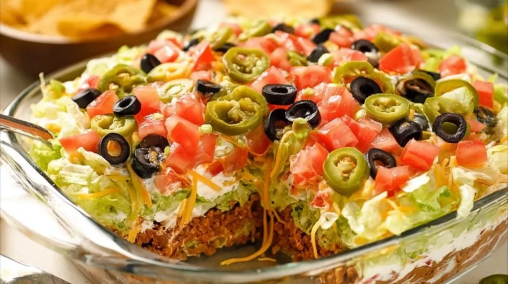 Delicious layered taco salad topped with fresh ingredients and served in a bowl