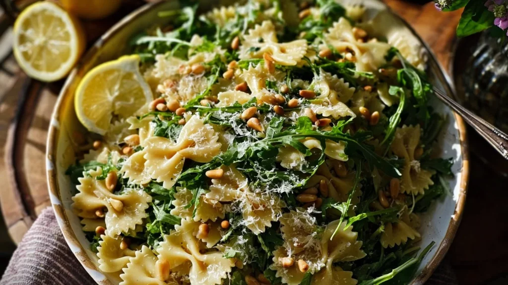 Bowl of Lemon Basil Parmesan Pasta Salad with fresh ingredients and vibrant colors