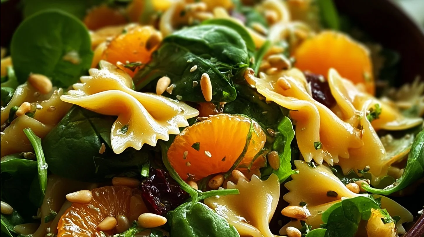 Mandarin Pasta Salad with spinach and teriyaki dressing in a bowl