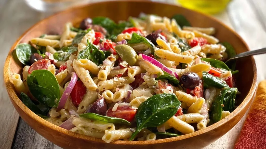 A colorful Mediterranean Pasta Salad with fresh vegetables and herbs.