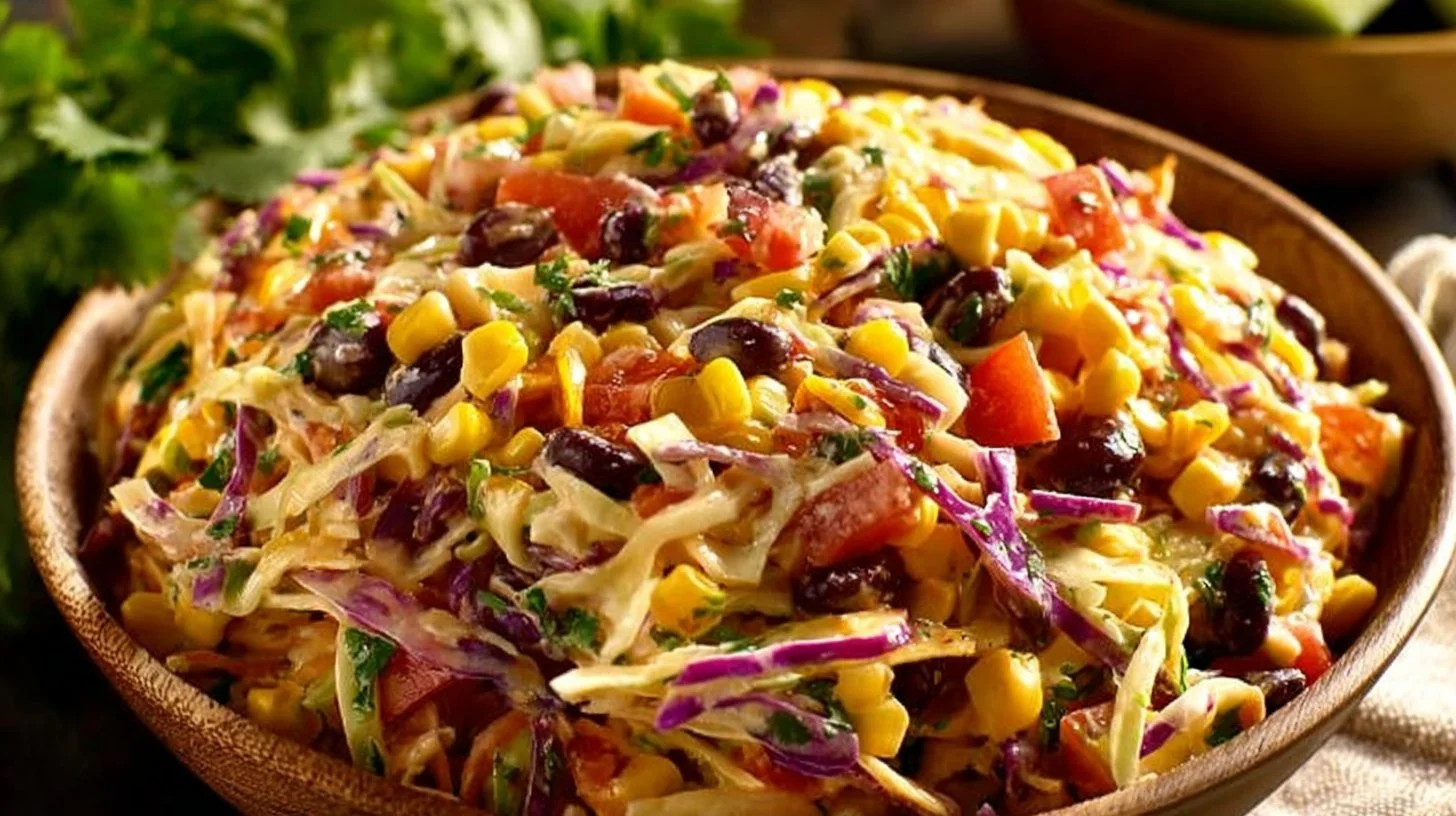 Bowl of vibrant Mexican coleslaw with fresh vegetables and lime dressing.