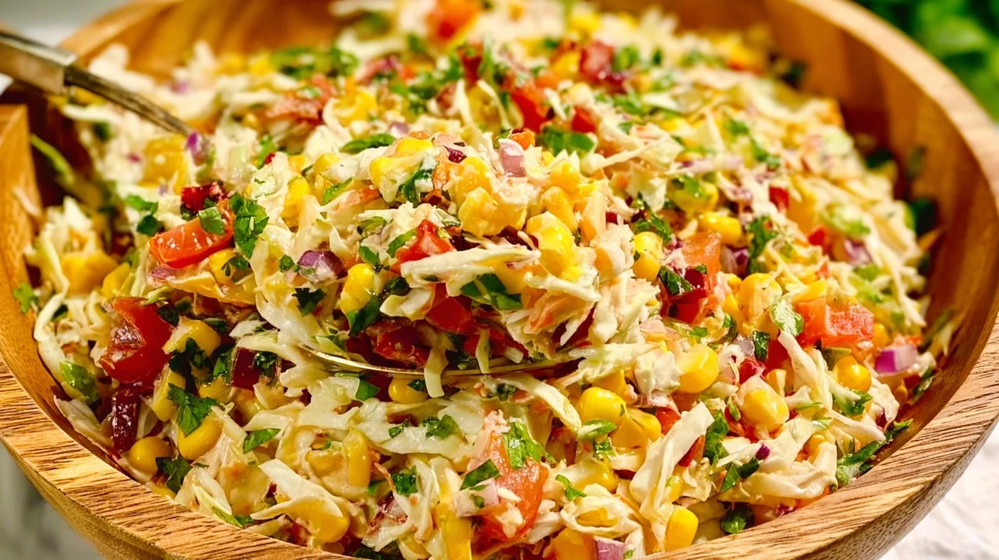 Colorful Mexican coleslaw in a bowl topped with lime and cilantro