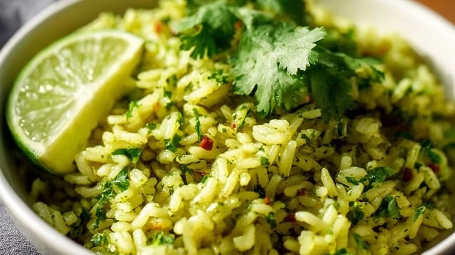 Bowl of Mexican Green Rice garnished with fresh cilantro