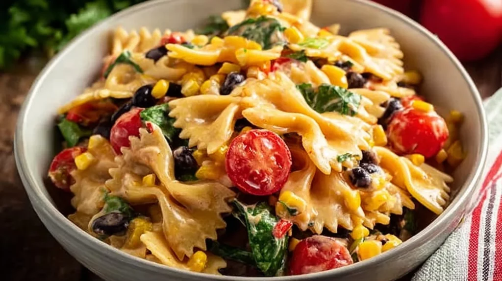 Colorful Mexican Pasta Salad with fresh vegetables and dressing