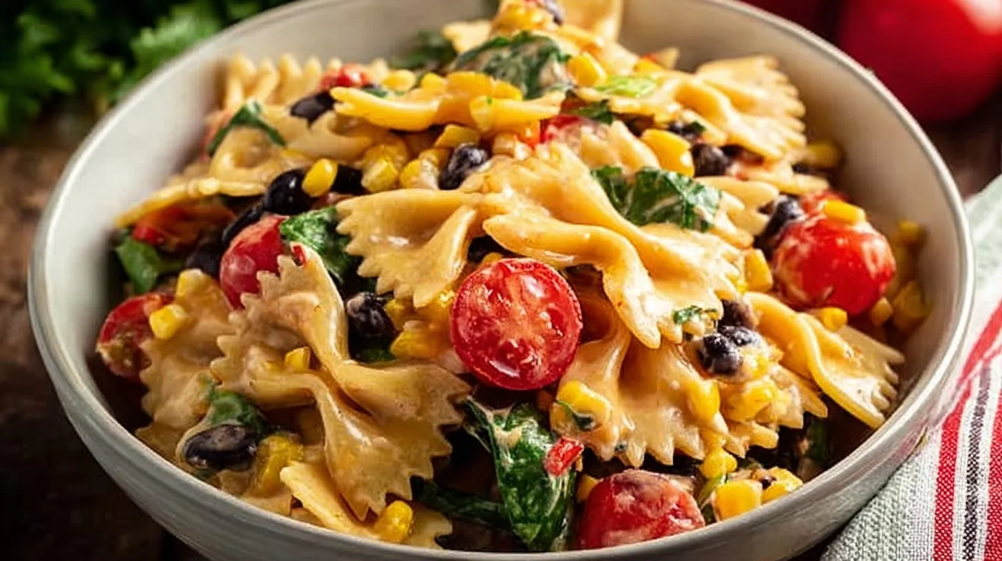 Colorful Mexican Pasta Salad with fresh vegetables and dressing