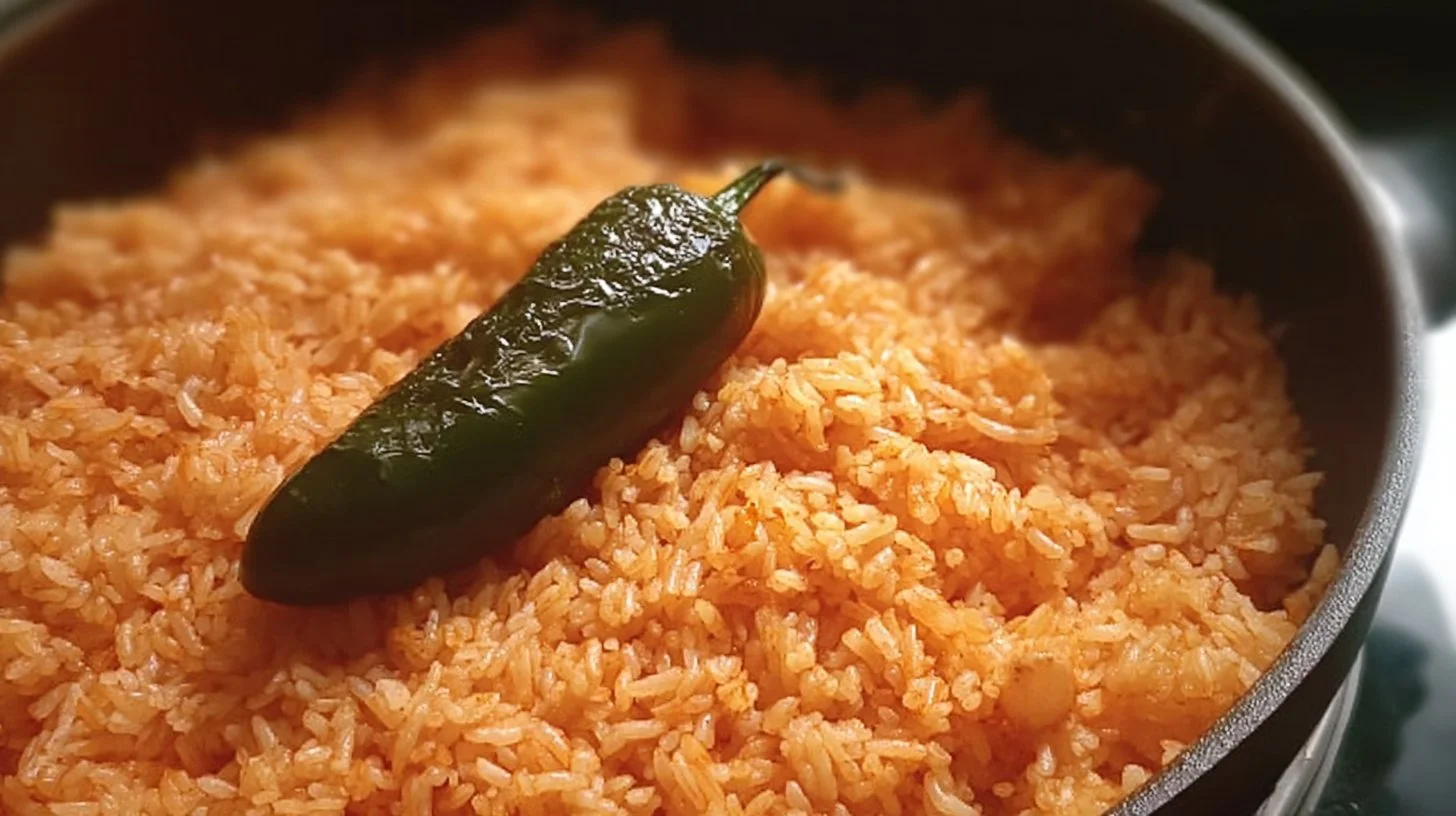 Bowl of delicious homemade Mexican rice garnished with cilantro and lime.