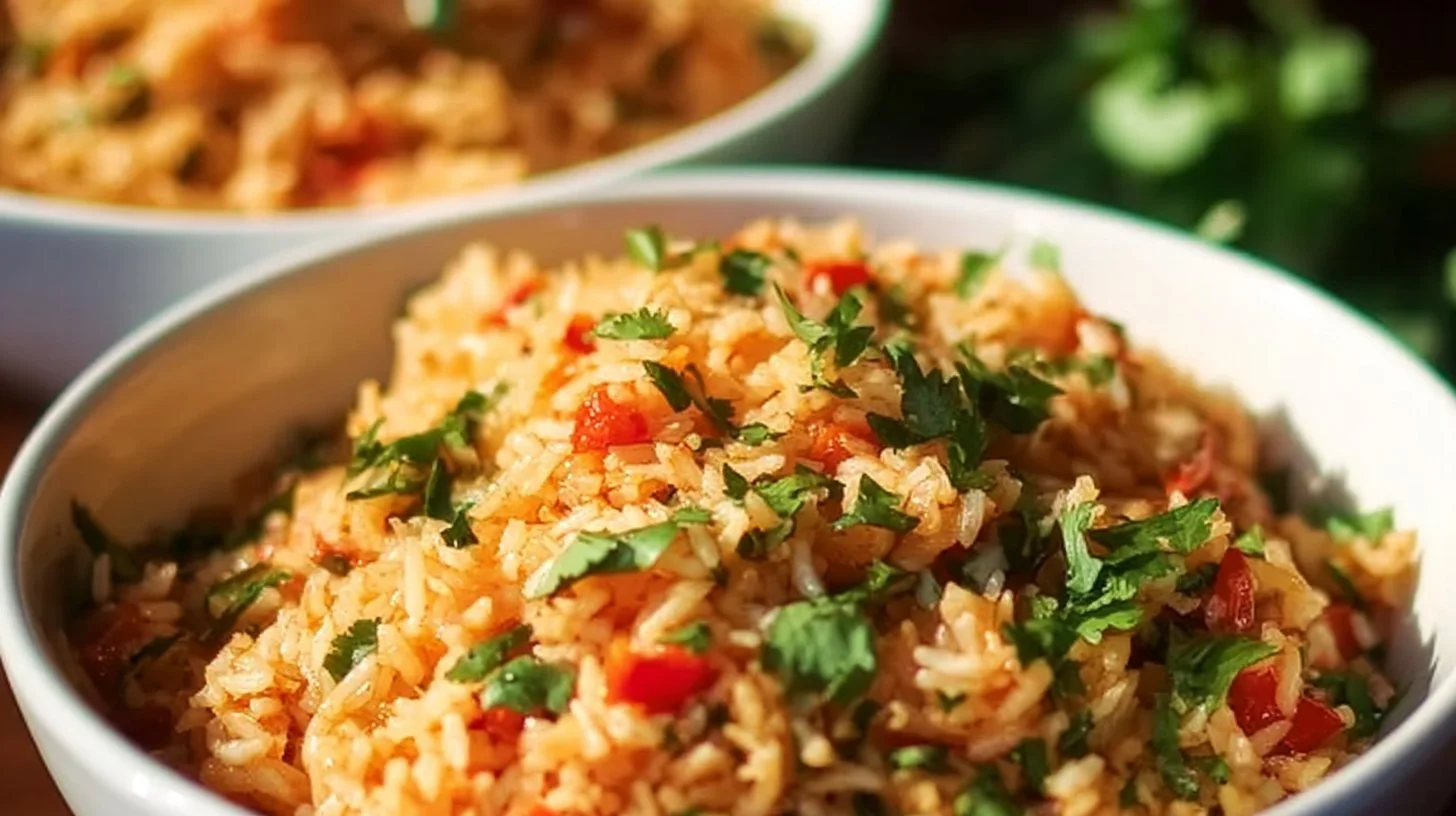 Delicious plate of authentic Mexican rice served with fresh herbs and spices.