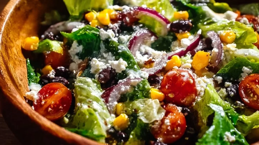 Colorful Mexican salad featuring fresh vegetables, beans, and zesty dressing.