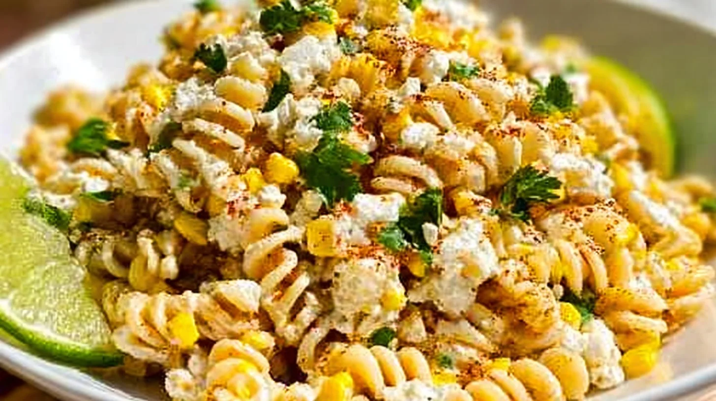 Bowl of Mexican street corn pasta salad with fresh ingredients and vibrant colors
