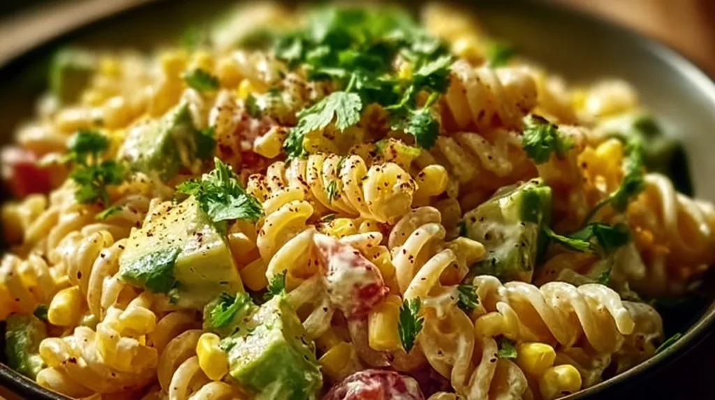 Mexican street corn pasta salad featuring fresh ingredients and vibrant colors.