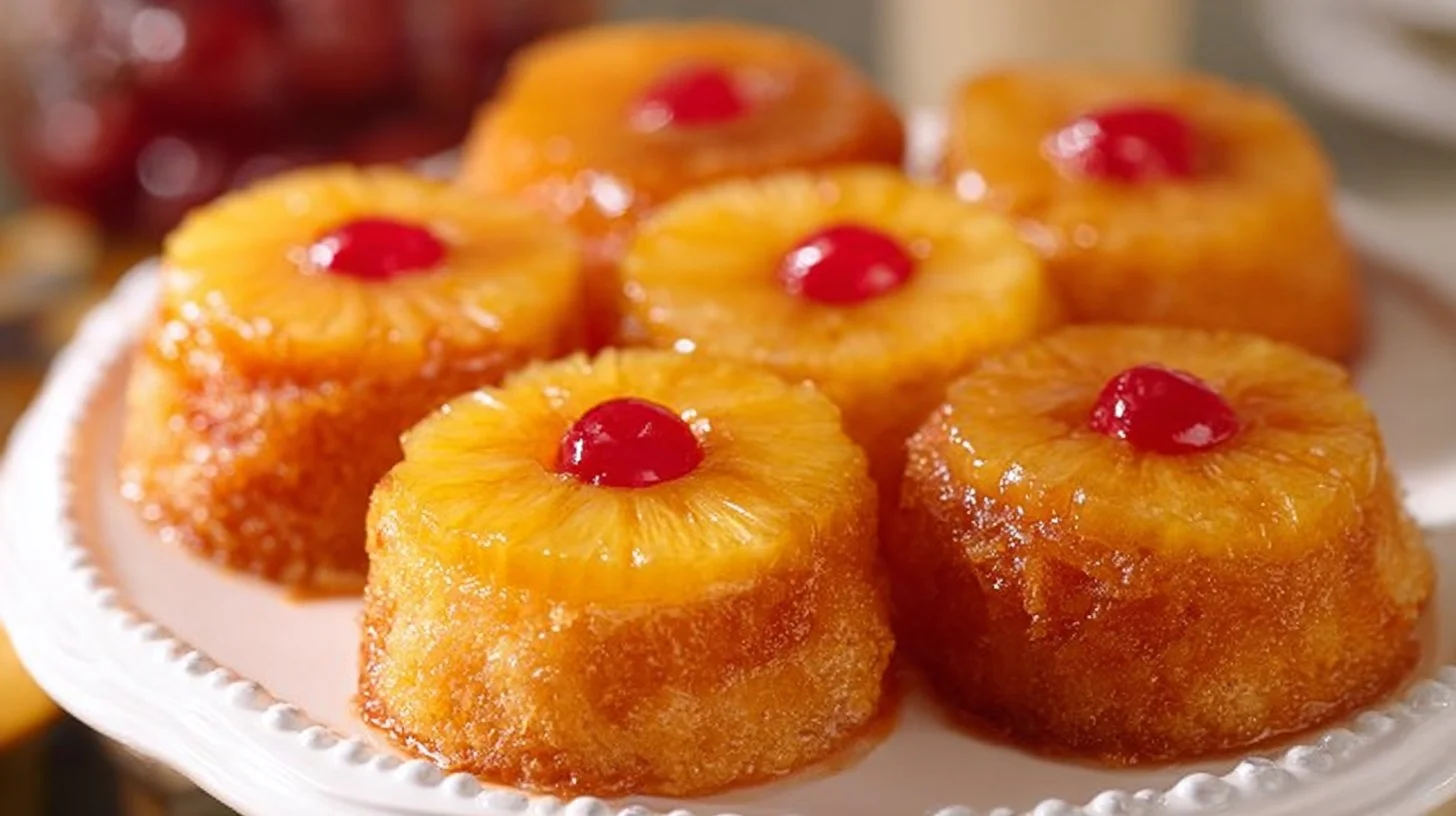 Mini Pineapple Upside Down Cakes topped with cherries and pineapple slices.