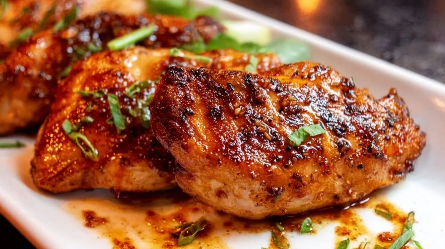 Moist and juicy chicken breasts cooked to perfection on a plate.