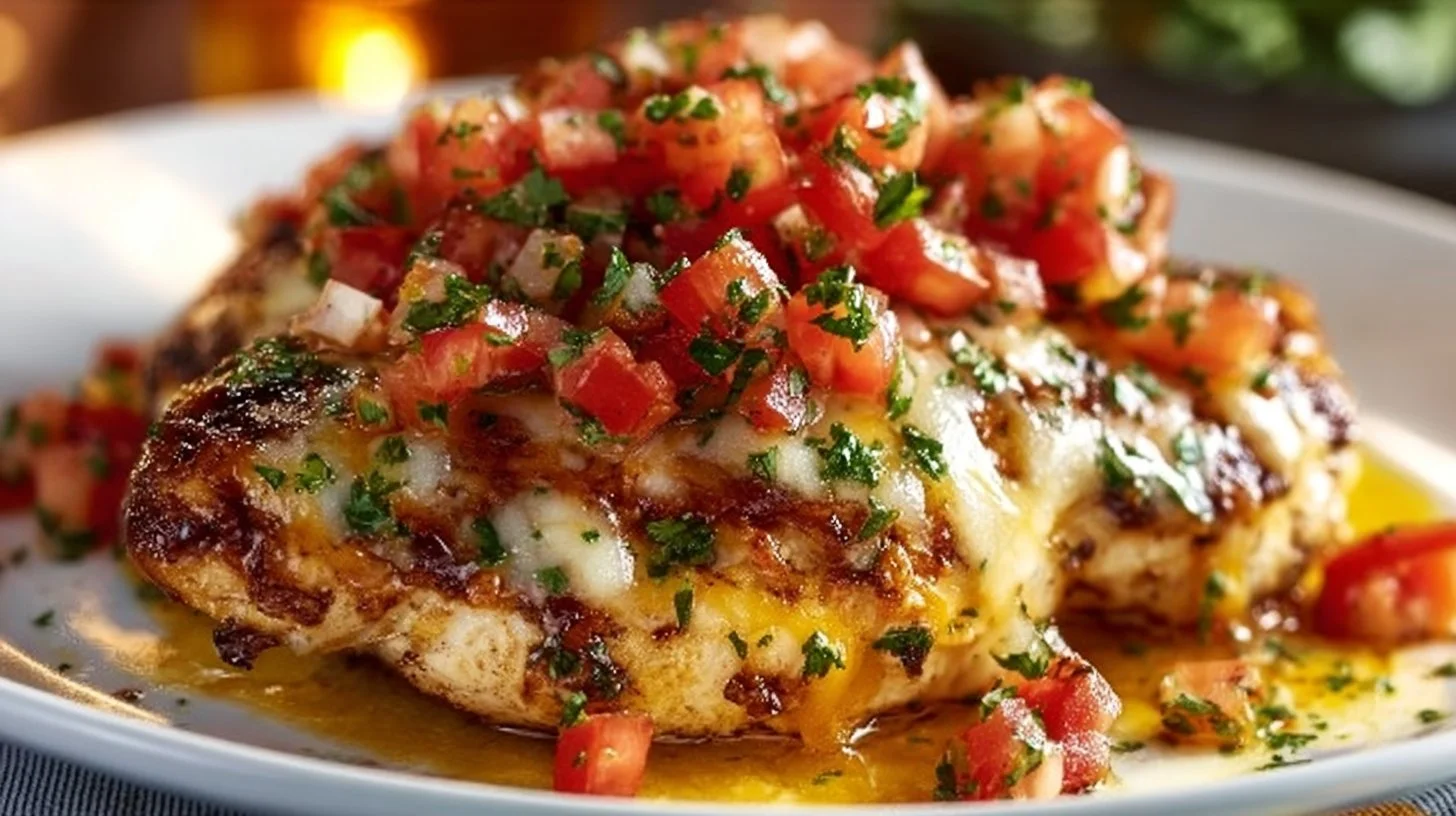 Delicious Monterey Chicken served with fresh toppings and sides.