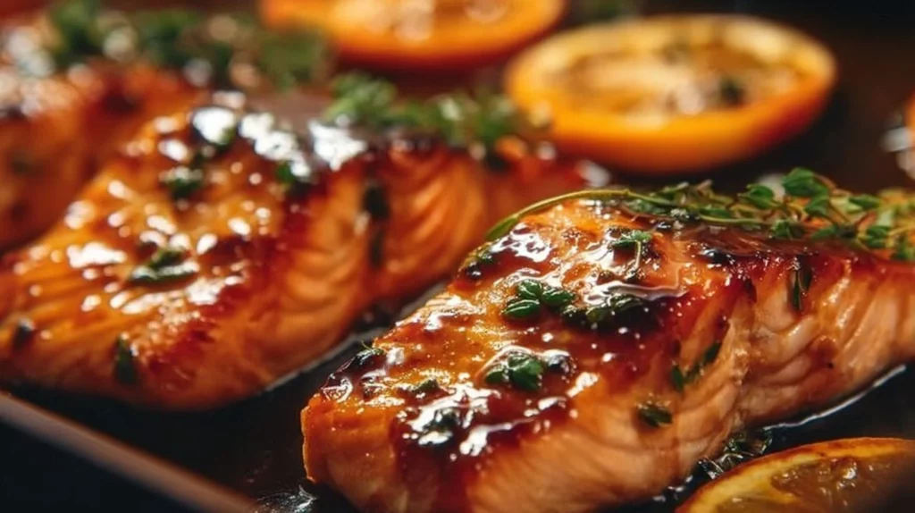Delicious orange glazed salmon on a plate with garnish