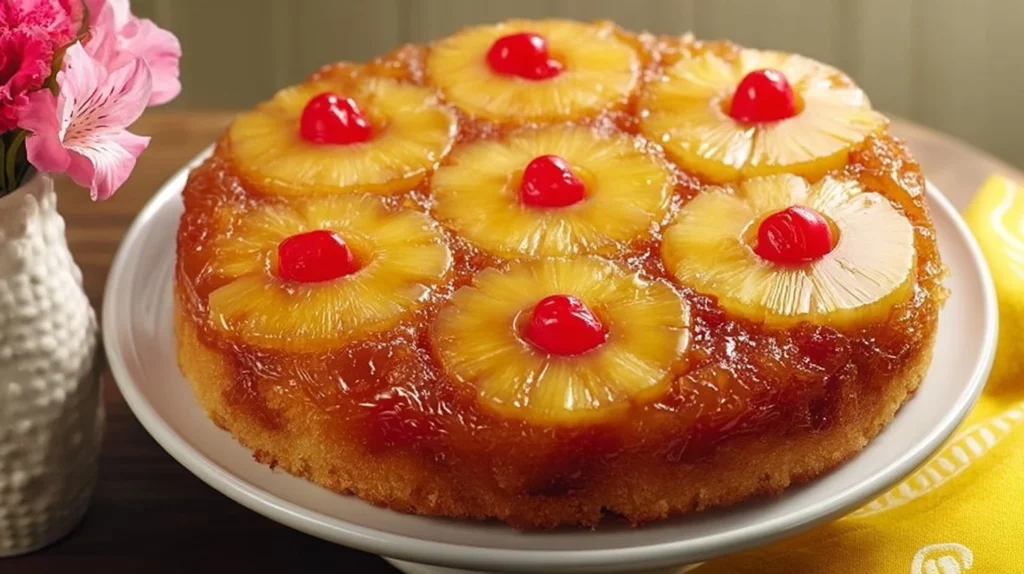 Delicious pineapple upside-down cake with caramelized fruit topping