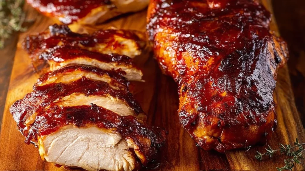 Oven-baked BBQ chicken served on a plate with sides