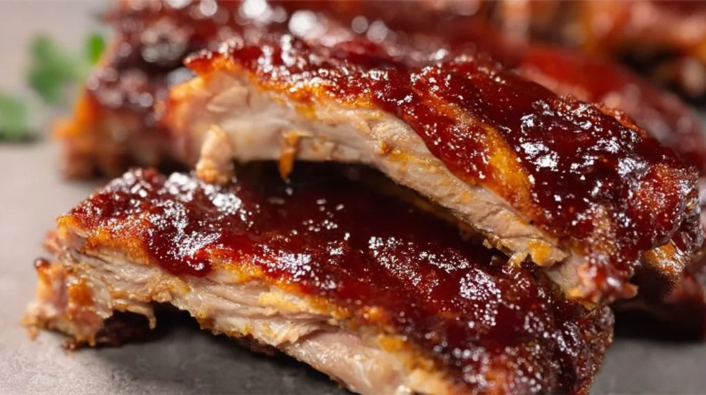 Delicious oven baked ribs glazed with BBQ sauce and garnished with fresh herbs.